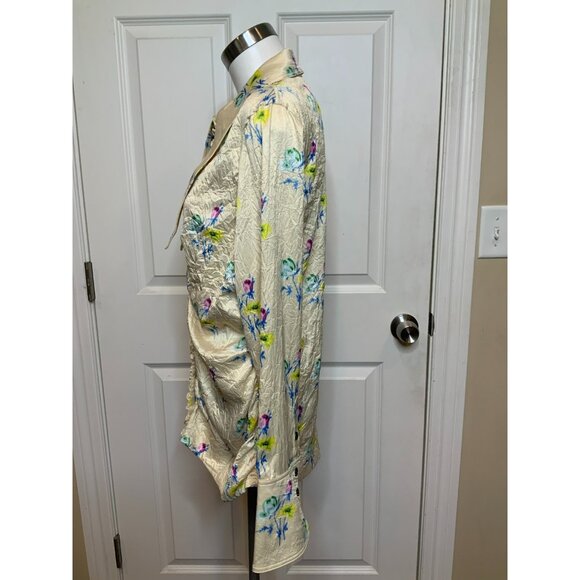 GANNI Floral Ruched Crinkled Cream Satin Long Sleeve Shirt, Size 44 | 14 - Picture 7 of 12